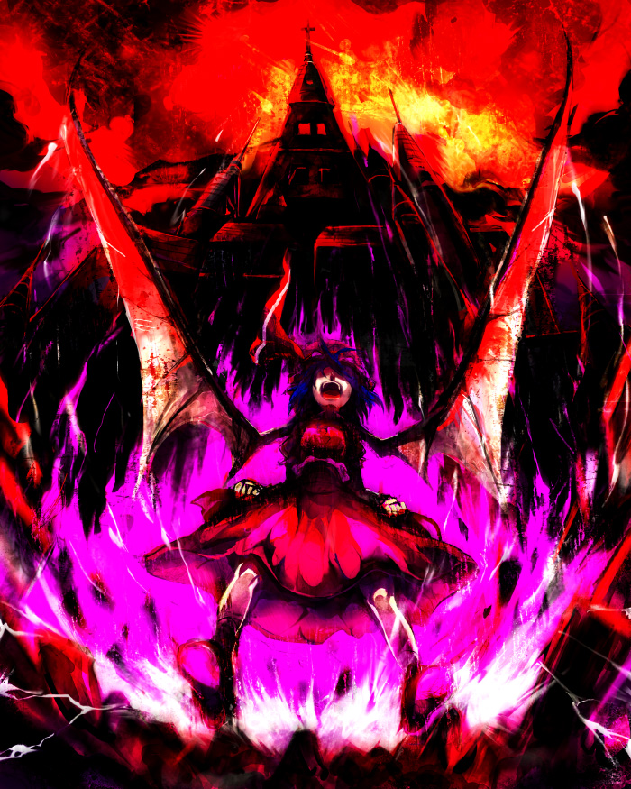 angry aura bat_wings blood bloody_wings blurry building castle clenched_hands dress fire from_below hat motion_blur open_mouth pink_dress pink_fire pink_hat purple_hair red red_ribbon remilia_scarlet ribbon rock scarlet_devil_mansion shaded_face short_hair solo standing toriko_(hatoriko) touhou wings