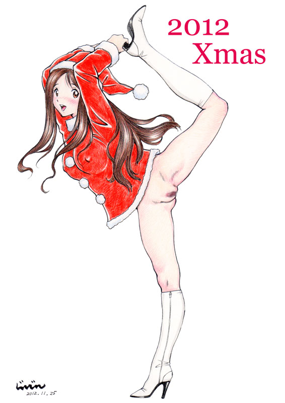 1girl blush boots bottomless breasts brown_eyes brown_hair censored christmas erect_nipples female full_body hat high_heel_boots high_heels jinjin large_breasts leg_lift long_hair looking_at_viewer open_mouth pussy santa_claus santa_costume santa_hat signature solo standing_on_one_leg thighs white_background