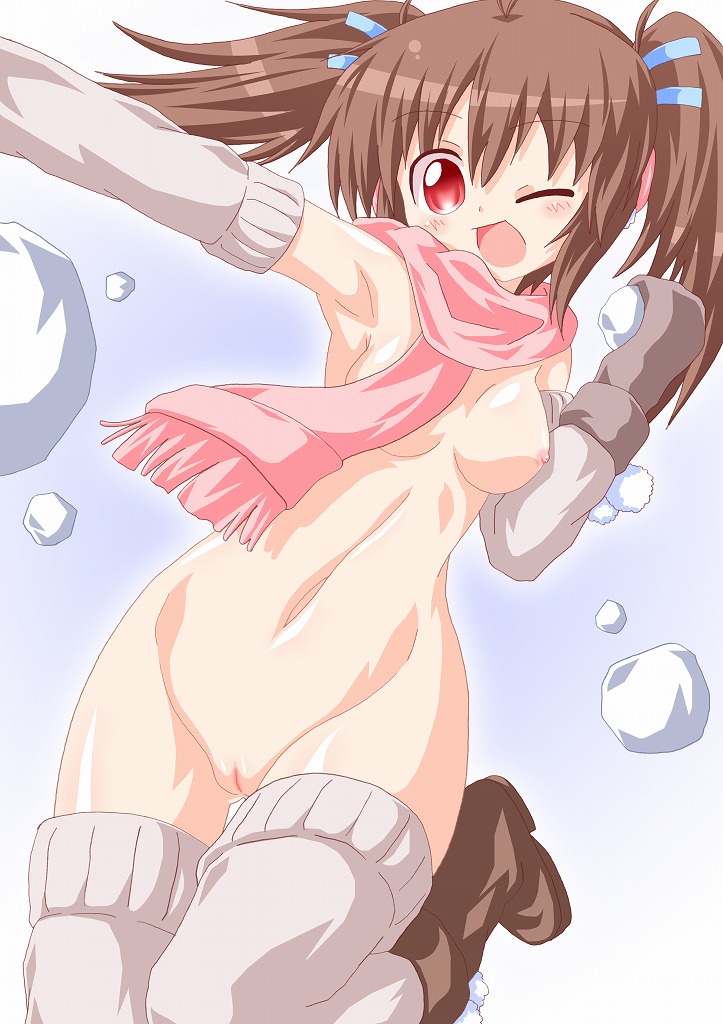 arm_warmers boots breasts brown_hair gloves kagerou_(kers) leg_warmers medium_breasts naked_scarf navel nipples nude one_eye_closed open_mouth original pussy red_eyes scarf snow snowball solo twintails