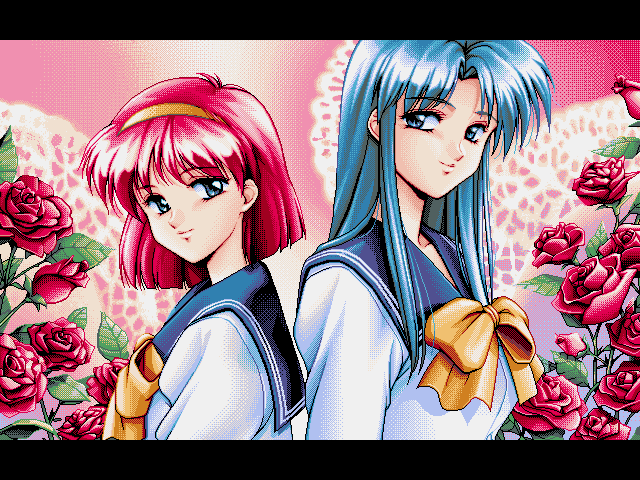 ai_shimai artist_request back-to-back bangs blue_eyes blue_hair bow dithering eye_contact flower game_cg hair_bow kitazawa_rumi kitazawa_tomoko letterboxed long_hair looking_at_another multiple_girls pc98 pixel_art red_hair rose sailor_collar school_uniform smile yellow_bow