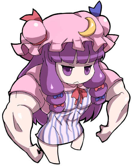biceps bow chibi crescent dress hair_bow hat jpeg_artifacts long_hair muscle oversized_forearms oversized_limbs patchouli_knowledge purple_eyes purple_hair solo striped teruki touhou vertical_stripes what