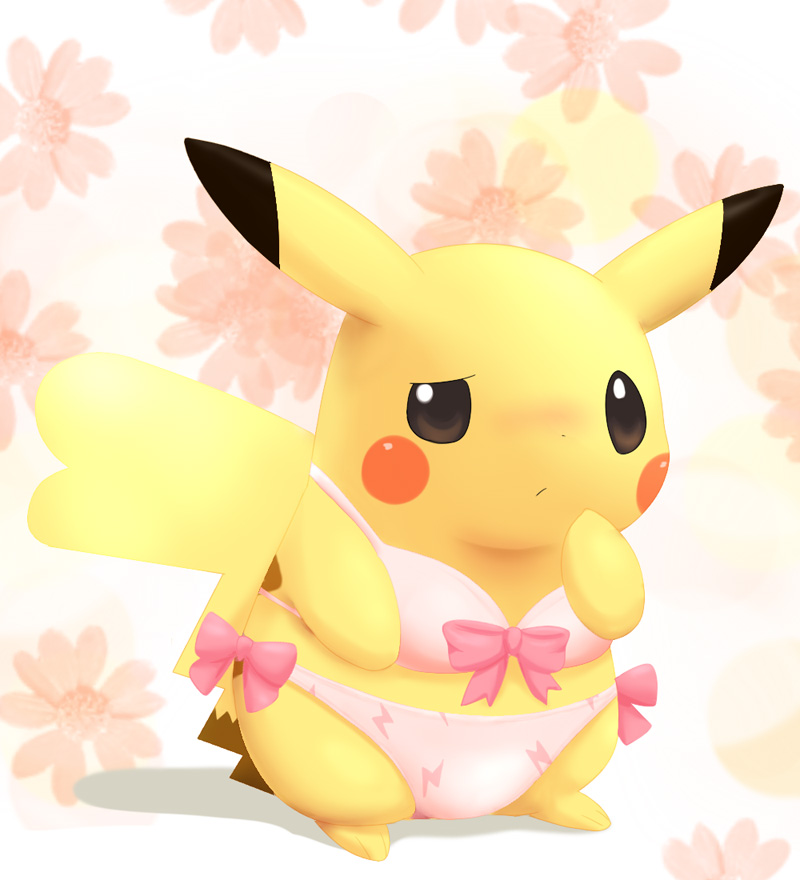 1girl blush bra clothed_pokemon female floral_background flower_background no_humans panties pikachu pink_panties pokemon print_panties raupi45s68h simple_background solo underwear