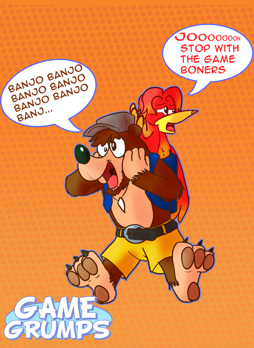 annoyed arin_hanson avian backpack banjo banjo-kazooie banjo_(banjo-kazooie) banjo_kazooie beak bear bird crossover dialog english_text female game_grumps happy hat jon_jafari kazooie male mammal necklace open_mouth parody scottfraser teeth text tongue tooth video_games