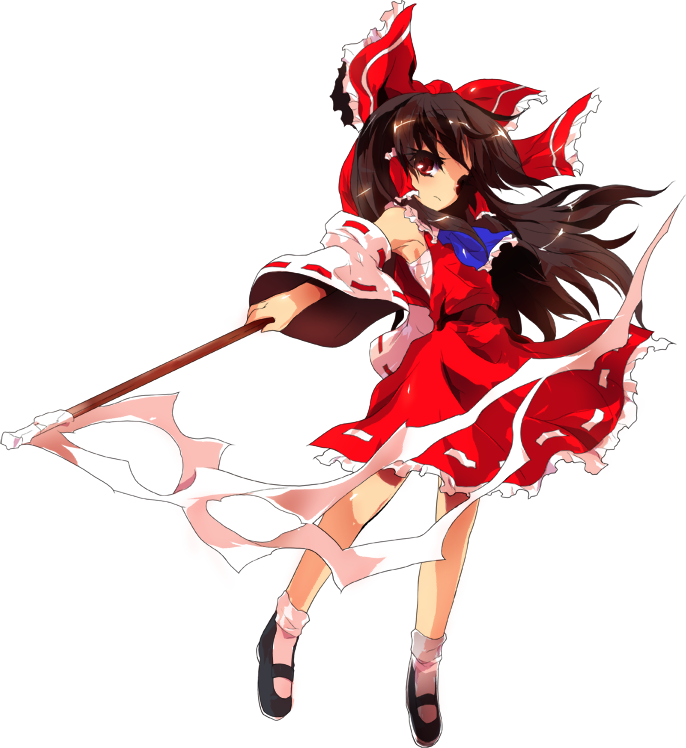 alphes armpits ascot bad_hands bow brown_eyes brown_hair detached_sleeves full_body game_cg gohei hair_bow hair_ornament hair_tubes hakurei_reimu holding hopeless_masquerade long_hair looking_at_viewer mary_janes official_art sarashi shoes skirt skirt_set socks solo touhou transparent_background wide_sleeves