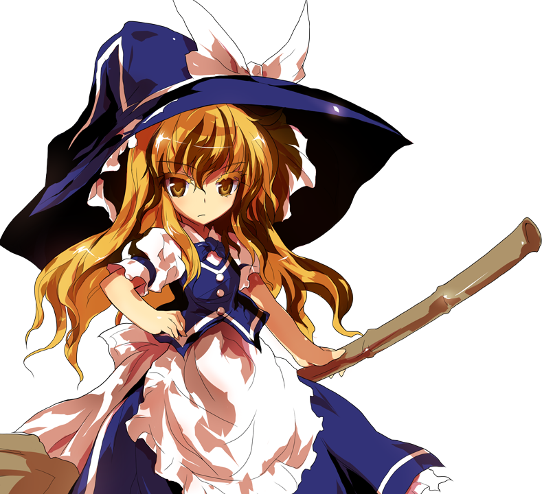alphes apron bad_anatomy blonde_hair bow broom game_cg hand_on_hip hat hat_bow holding hopeless_masquerade kirisame_marisa long_hair official_art serious shirt short_sleeves skirt solo touhou transparent_background white_bow witch_hat yellow_eyes
