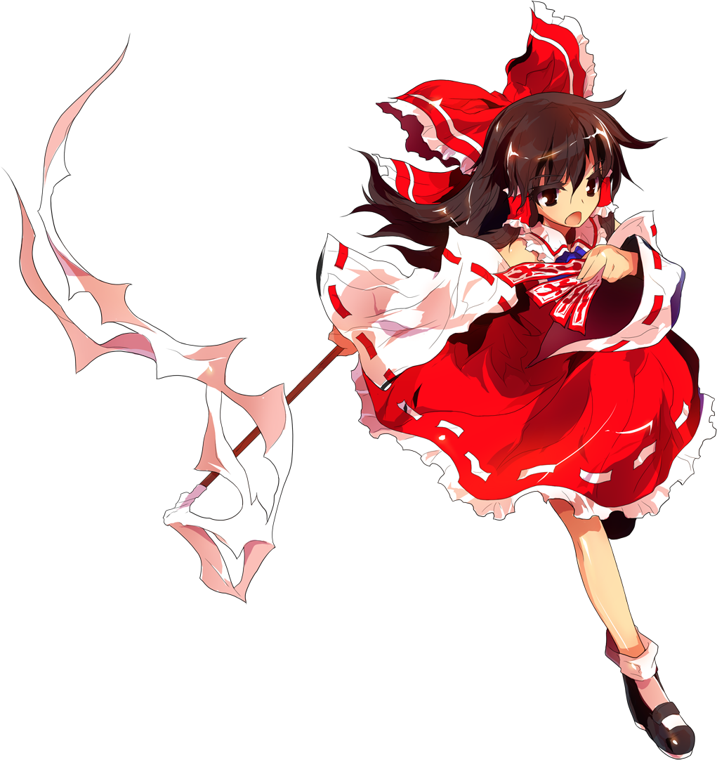 alphes ascot bow brown_eyes brown_hair detached_sleeves full_body game_cg gohei hair_bow hair_ornament hair_tubes hakurei_reimu holding hopeless_masquerade long_hair mary_janes official_art ofuda open_mouth shirt shoes skirt skirt_set socks solo touhou transparent_background wide_sleeves