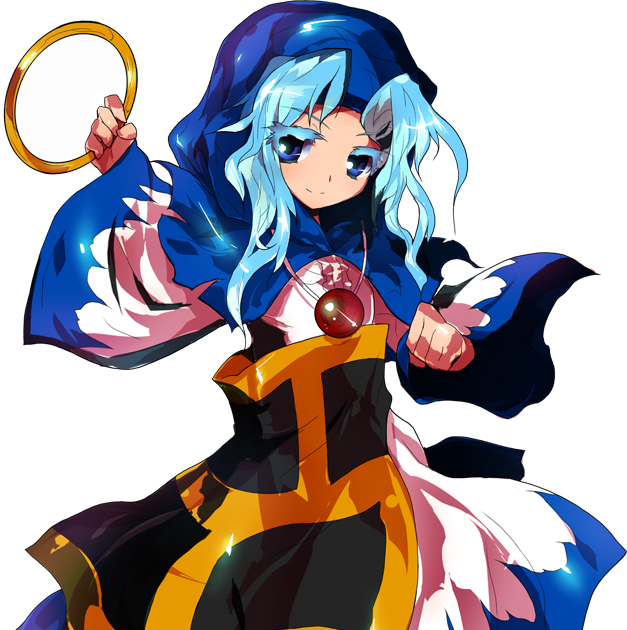 alphes bad_anatomy blue_eyes blue_hair clenched_hand colored_eyelashes dress eyelashes game_cg hood hopeless_masquerade jewelry kesa kumoi_ichirin long_hair long_sleeves looking_at_viewer necklace official_art pendant ring smile solo touhou transparent_background wide_sleeves