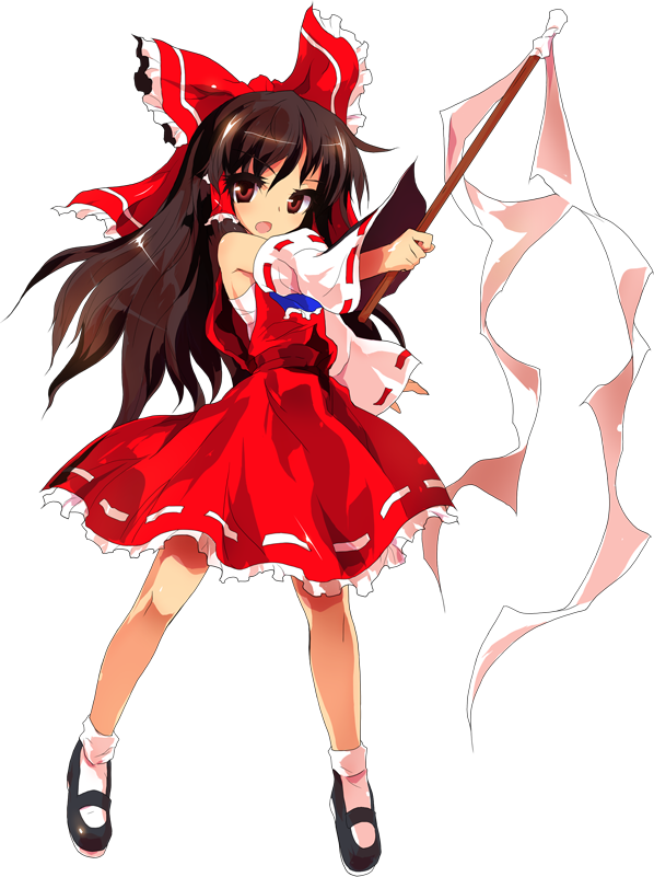 alphes ascot bow brown_eyes brown_hair detached_sleeves full_body game_cg gohei hair_bow hair_ornament hair_tubes hakurei_reimu holding hopeless_masquerade long_hair looking_at_viewer mary_janes official_art sarashi shoes skirt skirt_set socks solo touhou transparent_background wide_sleeves