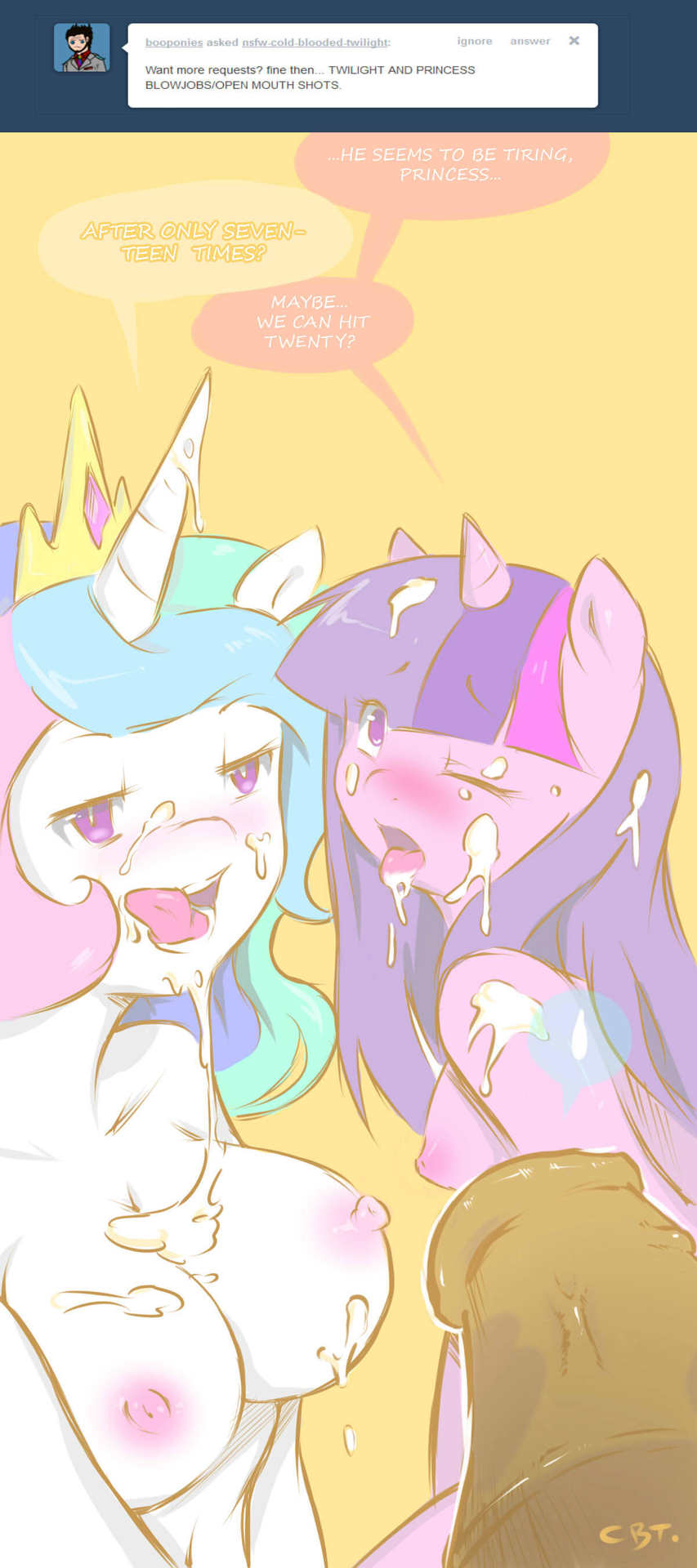 animal_genitalia anthro anthrofied blush breasts cold-blooded-twilight cum cum_on_breasts cum_on_face dialog english_text equine female friendship_is_magic horn horse horsecock male mammal my_little_pony nipples open_mouth penis pony princess_celestia princess_celestia_(mlp) text tumblr twilight_sparkle twilight_sparkle_(mlp) unicorn winged_unicorn wings