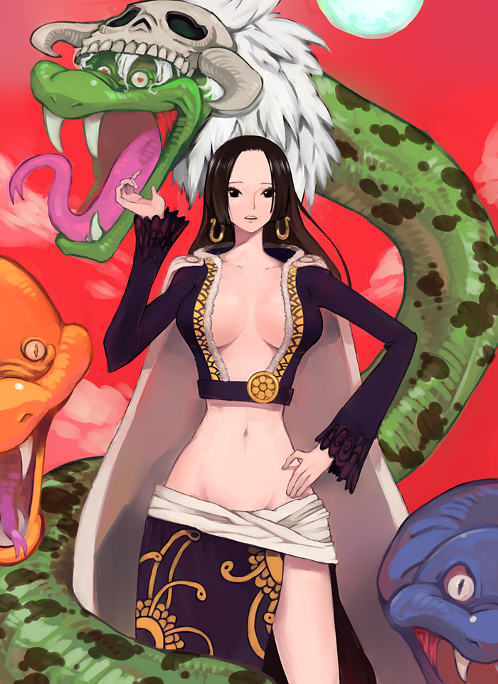 alternate_color amazon black_hair boa_hancock breasts cleavage earrings groin jewelry large_breasts long_hair midriff navel one_piece revealing_clothes salome_(one_piece) sanae_(satansanae) skull snake
