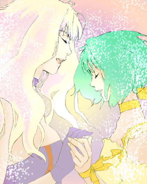 blonde_hair bow closed_eyes dress gloves green_hair holding_hands koma_kiri_aoko long_hair macross macross_frontier multiple_girls music ranka_lee sheryl_nome short_hair singing twintails