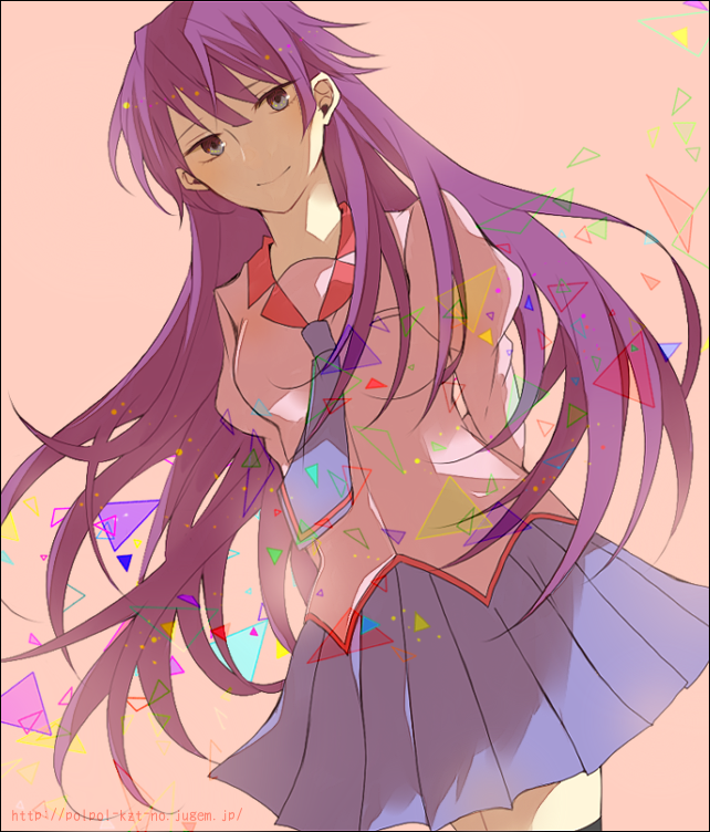 bad_id bad_pixiv_id bakemonogatari brown_eyes kurosawa_kazuto long_hair looking_down monogatari_(series) purple_hair school_uniform senjougahara_hitagi solo thighhighs