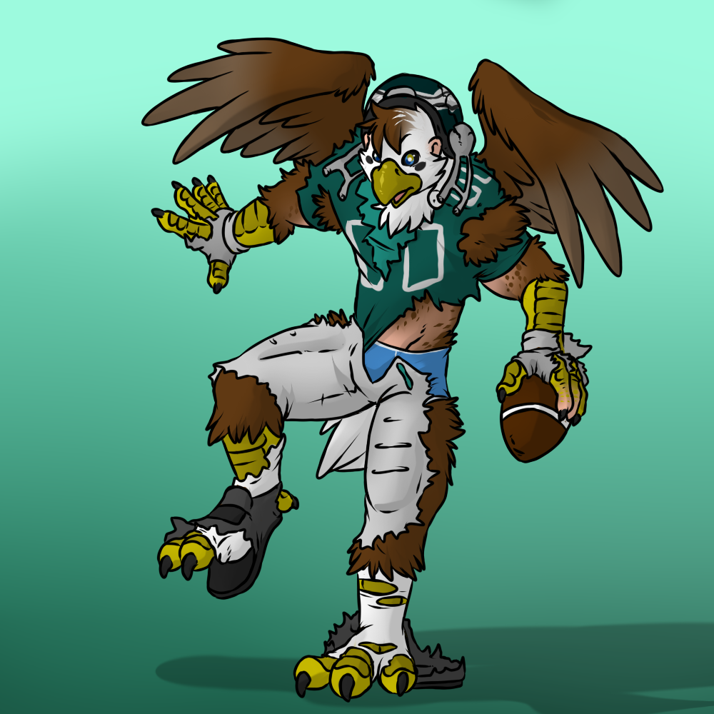 aggrobadger anthro avian bald_eagle bird black_sclera claws clothing eagle feathers football gloves helmet human jersey male mammal pants philadelphia_eagles player shirt shoes socks solo talons torn_clothing transformation undershirt underwear uniform wings