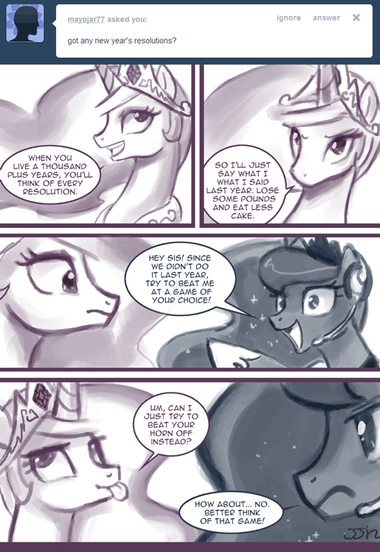 dialog dialogue english_text equine female feral friendship_is_magic hair headset horn horse john_joseco long_hair mammal monochrome my_little_pony pony princess_celestia_(mlp) princess_luna_(mlp) text tiara tongue tongue_out tumblr winged_unicorn wings