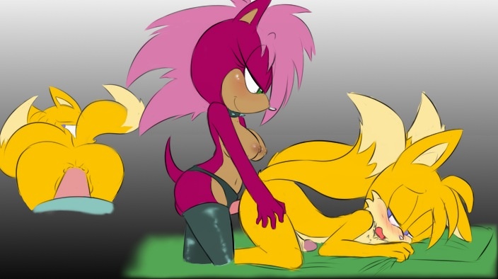 1boy 1girl all_fours anus ass blush breasts furry hearless_soul kuto large_breasts miles_prower open_mouth pegging penis sonia_the_hedgehog sonic_team sonic_the_hedgehog sonic_underground tails toy