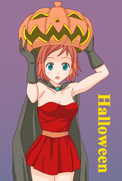 artist_request bare_shoulders black_gloves breasts cape dress freckles gloves green_eyes halloween jack-o'-lantern mahou_sensei_negima! medium_breasts murakami_natsumi orange_hair pumpkin red_skirt short_hair skirt solo strapless strapless_dress