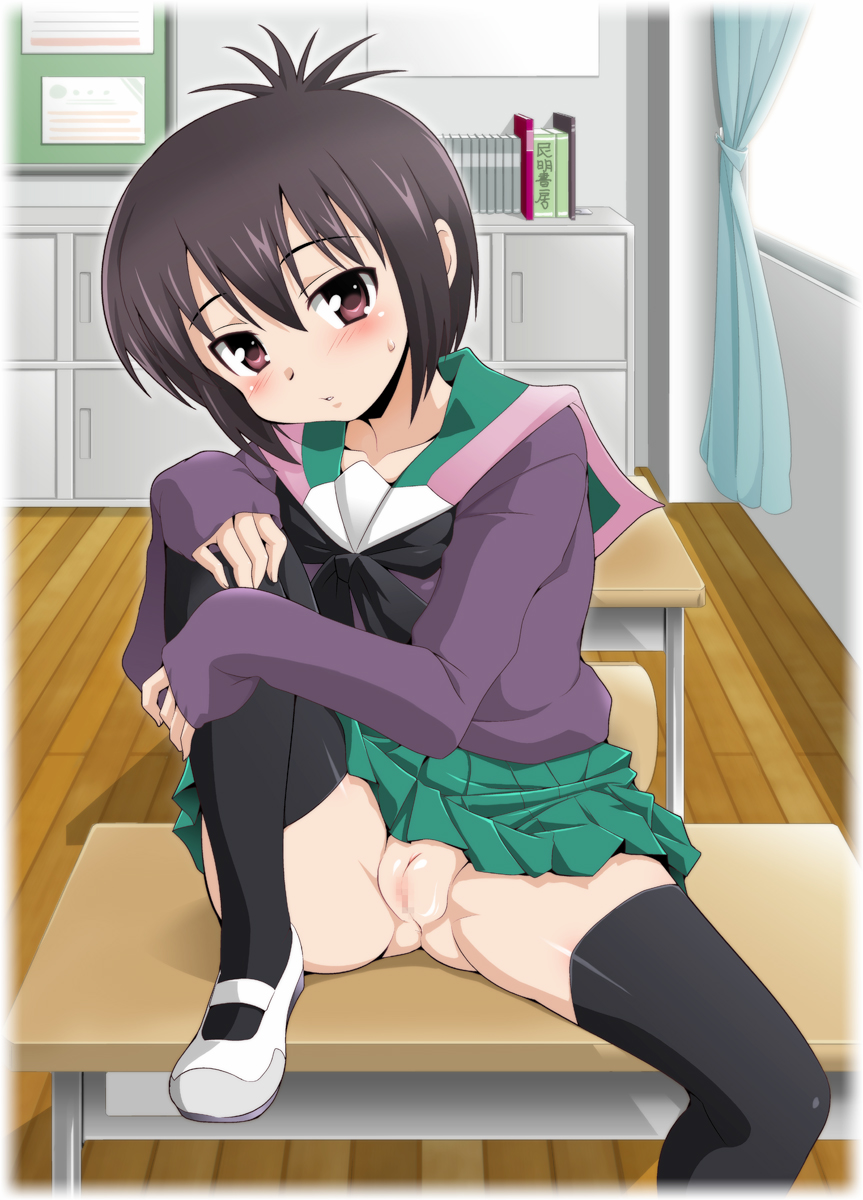 a_channel black_hair blush censored classroom curtains desk highres ichii_tooru indoors looking_at_viewer mosaic_censoring no_panties on_desk parted_lips pussy red_eyes ryumage school_uniform serafuku shoes short_hair sitting sitting_on_desk skirt sleeves_past_wrists solo spread_legs sweatdrop thighhighs translated uwabaki window