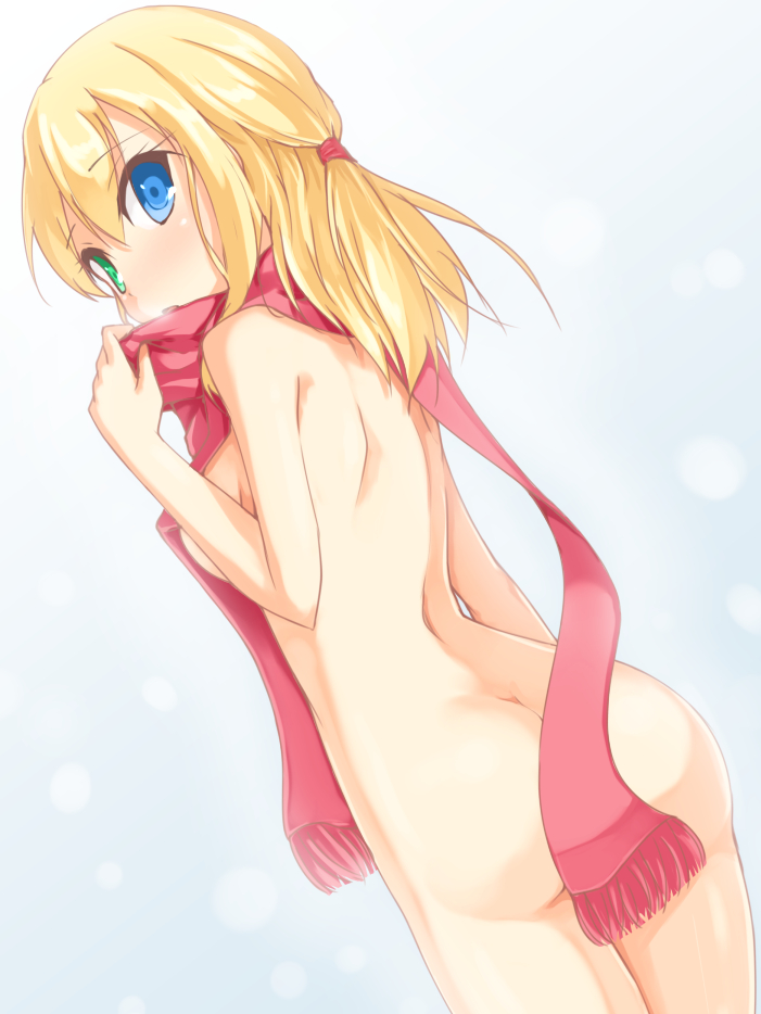 ass back blonde_hair blue_eyes blush breasts breath butt_crack censored convenient_censoring dimples_of_venus from_behind green_eyes hair_tie heterochromia kuro_(be_ok) long_hair looking_at_viewer looking_back medium_breasts naked_scarf nude open_mouth original red_scarf scarf sideboob snowing solo