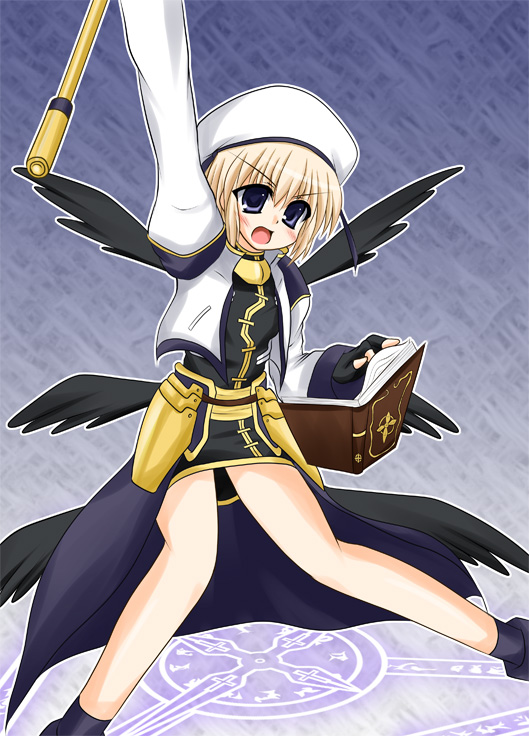 bad_id bad_pixiv_id blue_eyes book brown_hair cross_(crossryou) hat lyrical_nanoha mahou_shoujo_lyrical_nanoha mahou_shoujo_lyrical_nanoha_a's schwertkreuz solo staff tome_of_the_night_sky wings yagami_hayate