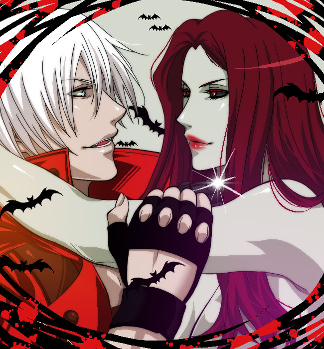 1girl animal bad_id bad_pixiv_id bare_shoulders bat black_gloves dante_(devil_may_cry) devil_may_cry devil_may_cry_3 earrings fingerless_gloves from_side glint gloves hug jewelry lips nevan pale_skin peach-usa profile red_hair silver_hair