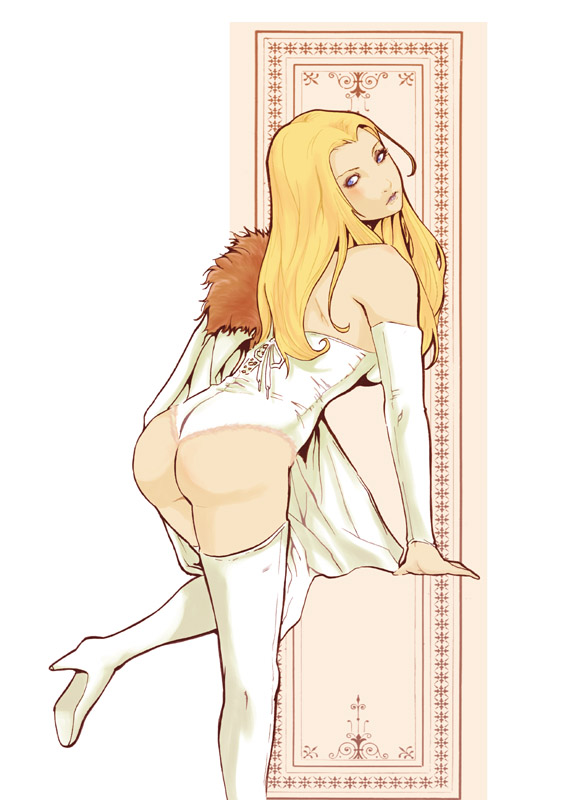 ass bad_id bad_pixiv_id bare_shoulders bent_over blonde_hair blue_eyes boots cape corset detached_sleeves emma_frost high_heels inugami_mokekiyo lingerie long_hair looking_back marvel shoes solo thigh_boots thighhighs underwear x-men
