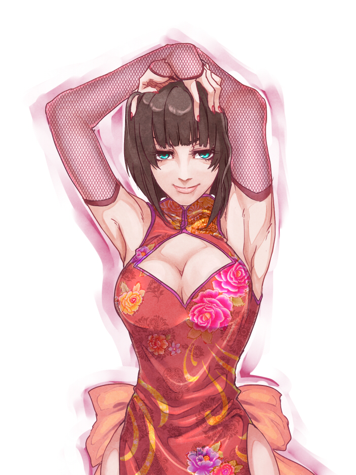 anna_williams armpits arms_up bad_id bad_pixiv_id bare_shoulders blue_eyes breasts brown_hair china_dress chinese_clothes cleavage cleavage_cutout dress elbow_gloves fishnet_gloves fishnets gloves inuhiko_(istdog) large_breasts lips short_hair smile solo tekken