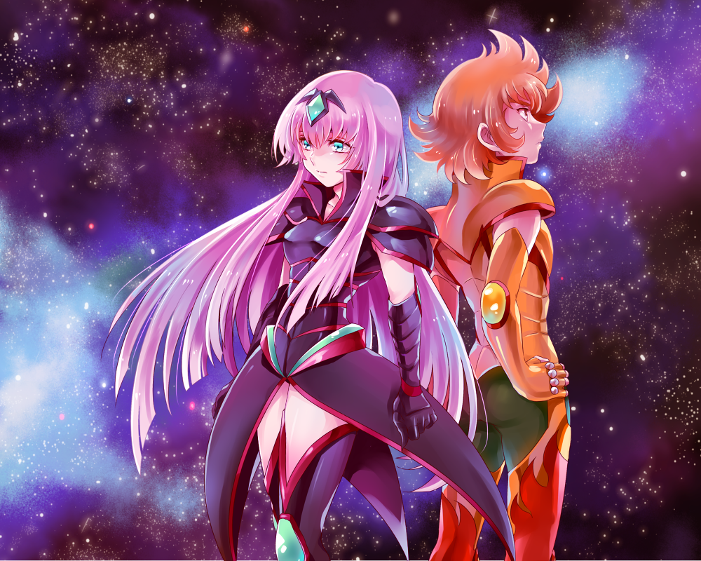 1girl amiko armor back-to-back bad_id bad_pixiv_id bangs breasts hornet_sonia lionet_soma long_hair looking_afar medium_breasts nebula neon_trim orange_hair purple_hair saint_seiya saint_seiya_omega science_fiction space standing very_long_hair