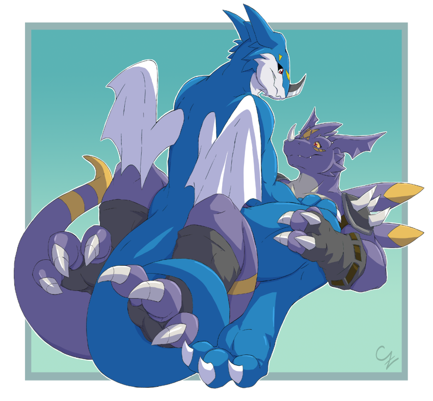 biceps big_muscles blue_skin claws cute cyber_zai digimon dragon dragoneer_(character) exveemon fingerless_gloves gloves holding horn lying male murasadramon muscles paws pinned red_eyes white_skin wings