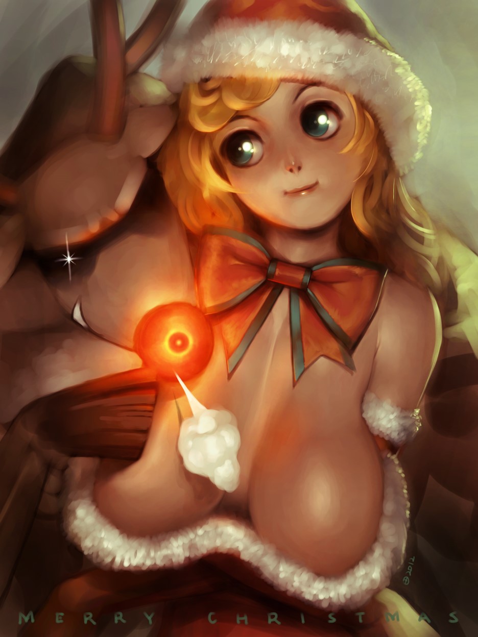 alien1452 aqua_eyes bare_shoulders blonde_hair breasts christmas cleavage fur_trim hat highres large_breasts lips long_hair merry_christmas original reindeer santa_hat smile sparkle