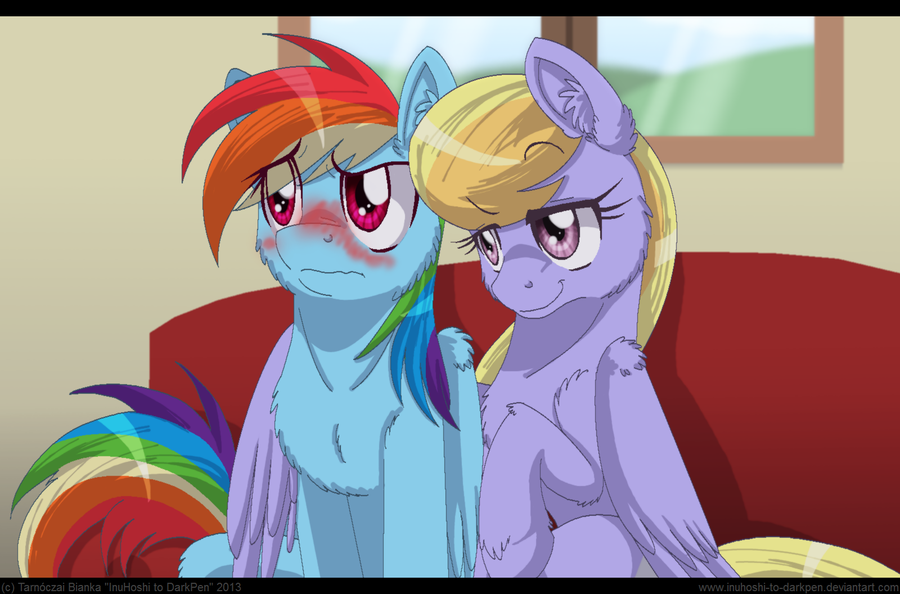 bedroom_eyes blonde_hair blush cloud_kicker_(mlp) couple duo equine female feral fluffy friendship_is_magic hair horse hug inuhoshi-to-darkpen lesbian mammal multi-colored_hair my_little_pony pegasus pony purple_eyes rainbow_dash_(mlp) rainbow_hair wings