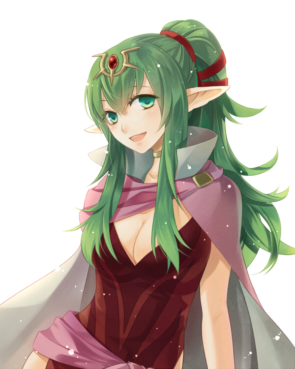 1girl :d blush breasts cape choker cleavage commentary_request dress fire_emblem fire_emblem_awakening green_eyes green_hair hair_ornament hair_ribbon kiyuu large_breasts long_hair open_mouth pointy_ears ponytail red_dress ribbon smile solo tiki_(adult)_(fire_emblem) tiki_(fire_emblem)