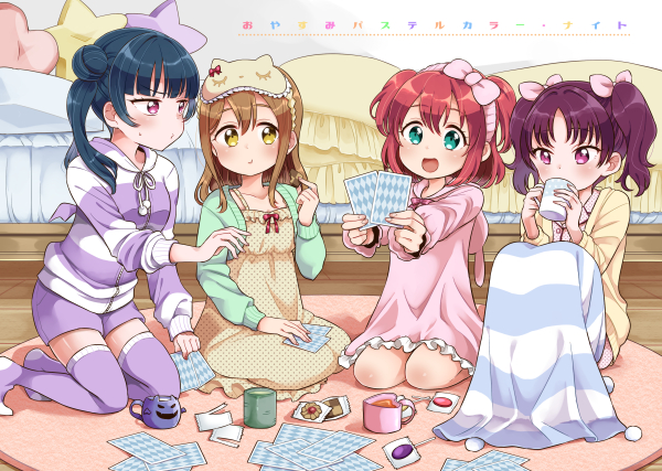 4girls alternate_hairstyle animal_ears animal_hood aqua_eyes bangs bed blanket blue_eyes bow bunny_hood card card_game cat_ears cookie cover cover_page cup doujin_cover drinking food green_cardigan hair_bow hair_bun hairband handband heart heart_pillow hood hood_down izumi_kirifu kazuno_leah kunikida_hanamaru kurosawa_ruby lolita_hairband long_hair long_sleeves looking_at_another love_live! love_live!_sunshine!! mug multiple_girls pajamas pillow pink_bow pink_hairband pink_nightgown playing_card playing_games purple_eyes purple_hair purple_legwear purple_pajamas purple_shorts red_hair shorts side_ponytail sitting star_pillow striped striped_pajamas sweatdrop tsushima_yoshiko twintails two_side_up u_u wrapper yellow_cardigan yellow_eyes yellow_hairband yellow_nightgown