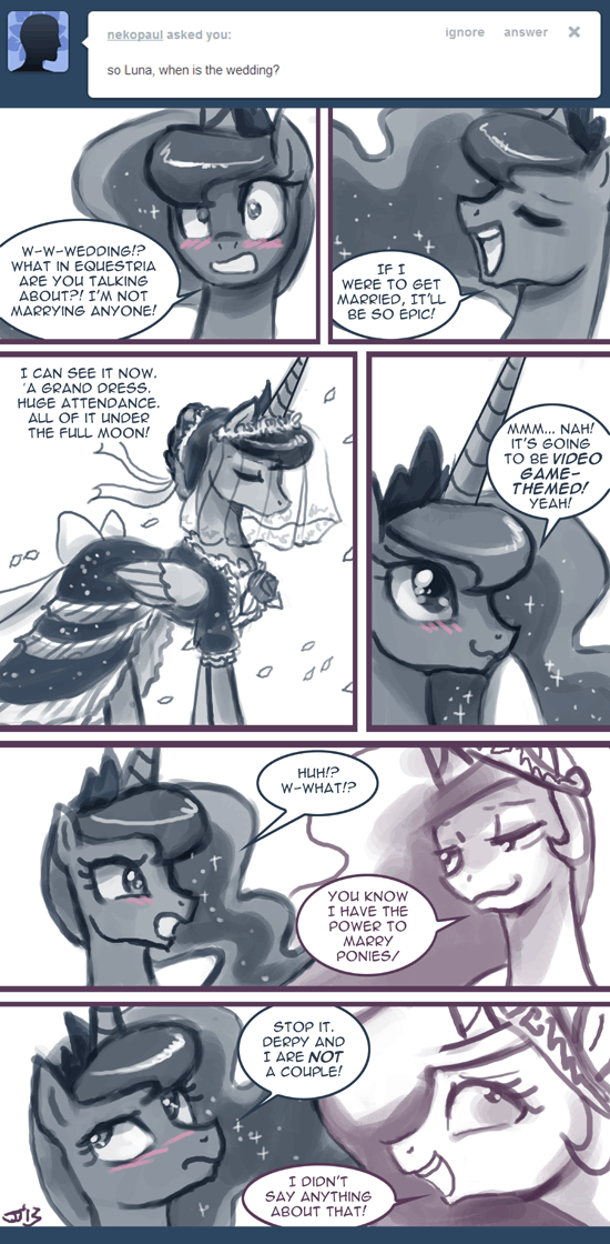 blush comic crown cute dialog dialogue dress duo english_text equine female feral friendship_is_magic hair horn horse john_joseco long_hair mammal monochrome my_little_pony pony princess princess_celestia_(mlp) princess_luna_(mlp) royalty smile text tiara tumblr wedding_dress winged_unicorn wings