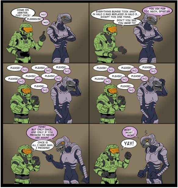 ambiguous_gender angry another_halo_comic_strip arbiter armor dialog english_text halo_(series) male master_chief sangheili text unknown_artist video_games zzombiexiii
