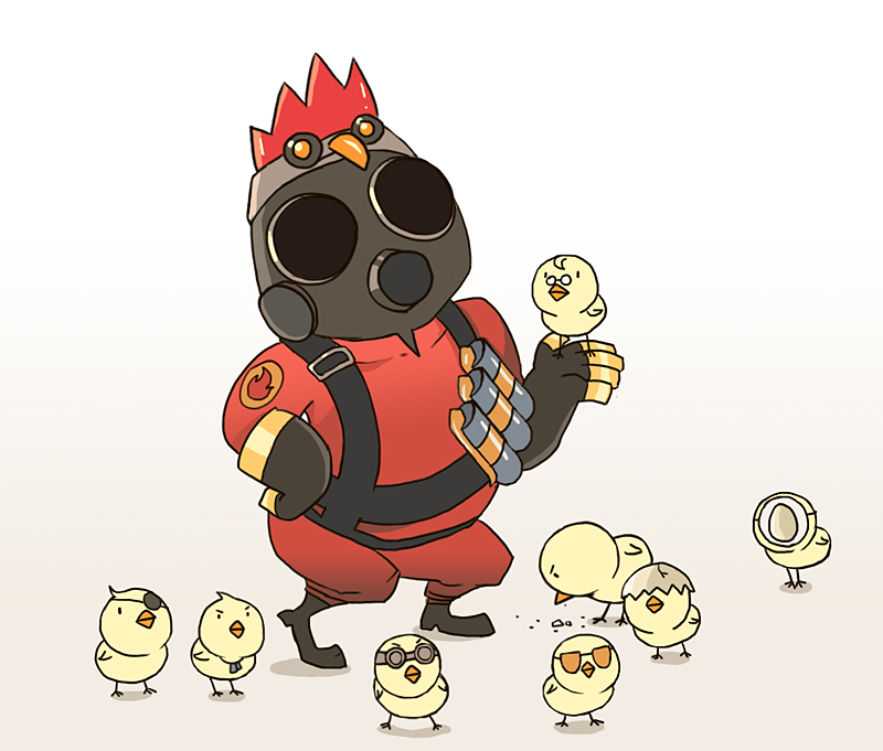 avian biggreenpepper bird birds chick chicken chickens chicks cute demoman dog_tags egg engineer_(team_fortress_2) eye_patch eyewear fire glasses goggles grenade grenades hat heavy humor male mask medic plain_background pyro robot_chicken scout sniper_(team_fortress_2) soldier_(team_fortress_2) spy suit sunglasses team_fortress_2 weapon what white_background