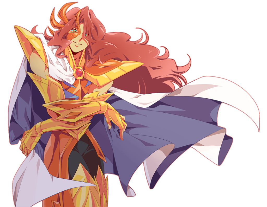 amiko aqua_eyes armor bad_id bad_pixiv_id black_pants cancer_schiller cape curly_hair gem gold_trim light_smile long_hair looking_at_viewer male_focus mask pants parted_lips purple_cape red_hair saint_seiya saint_seiya_omega simple_background solo standing very_long_hair white_background