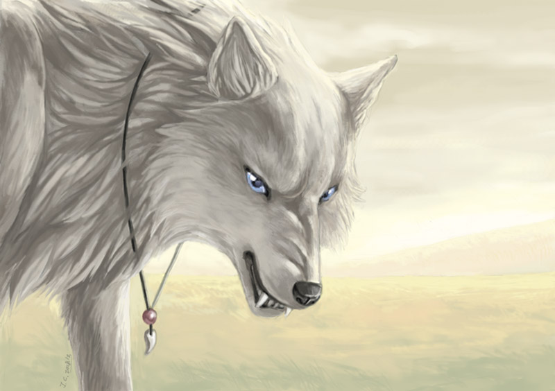 blue_eyes canine fangs feral fur jc mammal necklace white_fur wolf