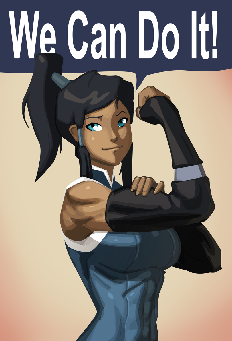 abs avatar_(series) blue_eyes bras_d'honneur breasts brown_hair dark_skin detached_sleeves hair_tubes hand_on_own_arm korra large_breasts long_hair md5_mismatch morganagod muscle muscular_female parody propaganda resized rosie_the_riveter sidelocks smile solo the_legend_of_korra topknot upscaled we_can_do_it!