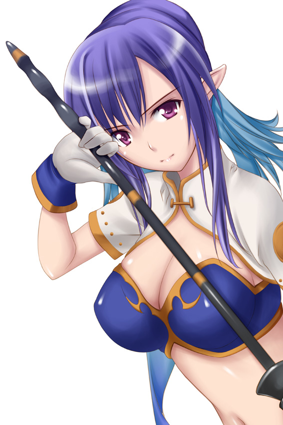 big_wednesday blue_hair breasts bustier cleavage gloves judith large_breasts midriff pointy_ears purple_eyes shiny shiny_skin tales_of_(series) tales_of_vesperia white_gloves