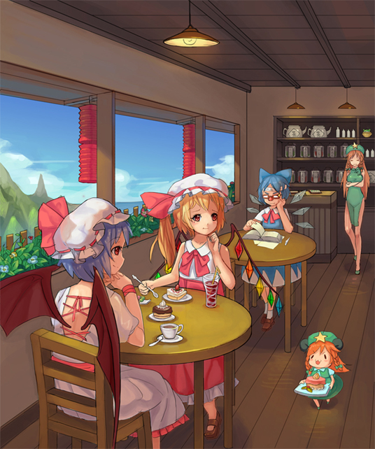 animal_ears ankle_socks backless_outfit bandana bat_wings blonde_hair blue_dress blue_hair blue_sky book bow braid breasts cake ceiling chair china_dress chinese_clothes cirno closed_eyes cloud counter cup day dress drink fence flandre_scarlet flower food funny_glasses glass glasses hair_bow hand_on_own_chin hands_together hat hat_ribbon head_rest hong_meiling lamp landscape lavender_hair light long_hair mary_janes medium_breasts minigirl mio-muo1206 mob_cap mountain mouse_ears multiple_girls no_socks paper pen pink_dress red_dress red_eyes red_hair remilia_scarlet restaurant ribbon saucer shelf shoes short_hair short_sleeves side_ponytail sitting sky sleeveless spoon star table teacup teapot touhou twin_braids wings wooden_floor