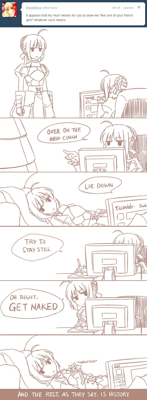 ahoge armor armored_dress artoria_pendragon_(all) braid comic couch dual_persona english fate/stay_night fate_(series) french_braid gauntlets highres jitome lying monitor monochrome multiple_girls parody rynn_(seibu) saber short_hair stylus tablet titanic tumblr undressing