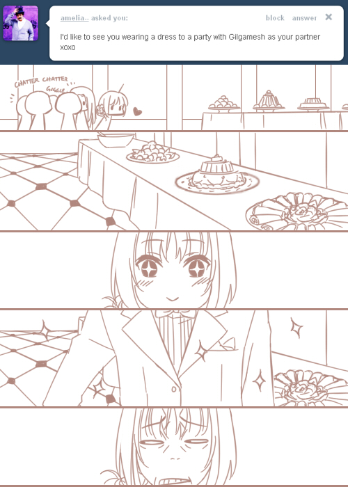 1boy 2girls ahoge artoria_pendragon_(all) blush chibi comic excalibur_face fate/stay_night fate_(series) food monochrome multiple_girls party rynn_(seibu) saber silent_comic sparkle tumblr