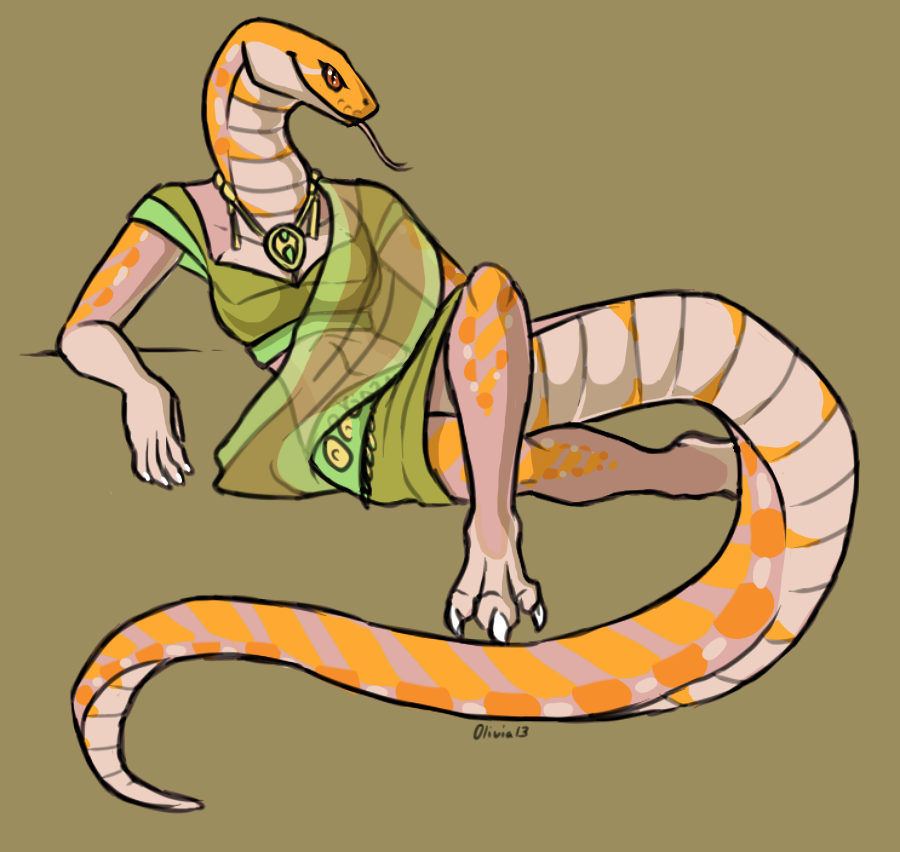 3_toes anthro breasts claws digitigrade female forked_tongue long_tongue looking_at_viewer necklace orange_scales plain_background reclining reptile royalty_(artist) scalie smile snake solo toe_claws tongue tongue_out yellow_scales