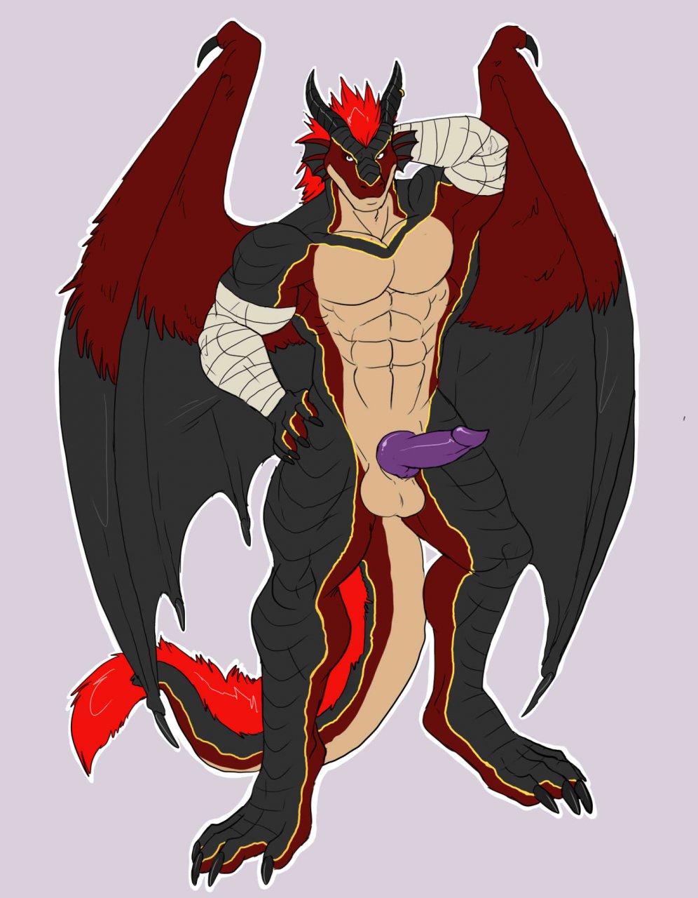 abs anthro balls bandage beefcake biceps big_muscles big_penis black_horns claws dragon erection feathers flexing fur handsome horn knot looking_at_viewer looking_away male muscles mutant_serpentina nude paws pecs penis plain_background pose purple_penis reptile scales scalie sheath solo standing sulfer sulferdragon toe_claws toned wings