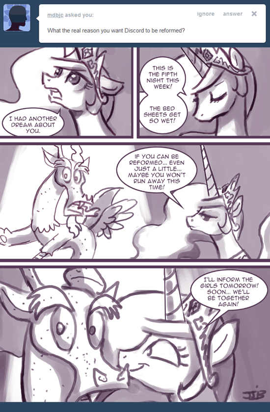 dialog discord_(mlp) draconequus equine female feral friendship_is_magic horse john_joseco mammal monochrome my_little_pony pony princess princess_celestia_(mlp) royalty text tumblr