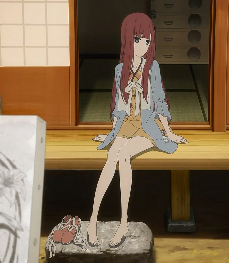 akizuki_maria bad_aspect_ratio barefoot blue_eyes long_hair red_hair screencap shin_sekai_yori sitting solo stitched third-party_edit