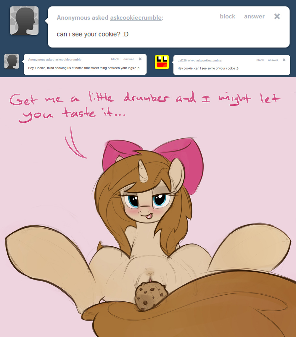 blush bow clitoris cookie cookie_crumble english_text equine female horn mammal my_little_pony ponekone pussy solo text tongue tongue_out tumblr unicorn