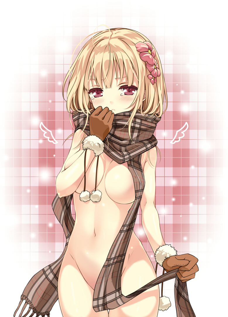 ahoge akeboshi_kagayo blonde_hair blush breasts convenient_censoring cowboy_shot detached_wings flower gloves groin hair_flower hair_ornament large_breasts long_hair looking_at_viewer mini_wings naked_scarf navel nude original plaid plaid_background plaid_scarf pom_pom_(clothes) red_eyes scarf solo tears wings