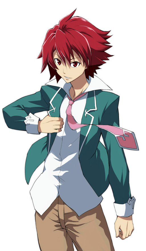 brown_pants ereraero green_jacket jacket looking_at_viewer looking_up male_focus necktie pants parted_lips pink_neckwear popped_collar red_hair school_uniform shirt simple_background solo southern_cross_academy_uniform spiked_hair standing star_driver tsunashi_takuto uniform white_background white_shirt