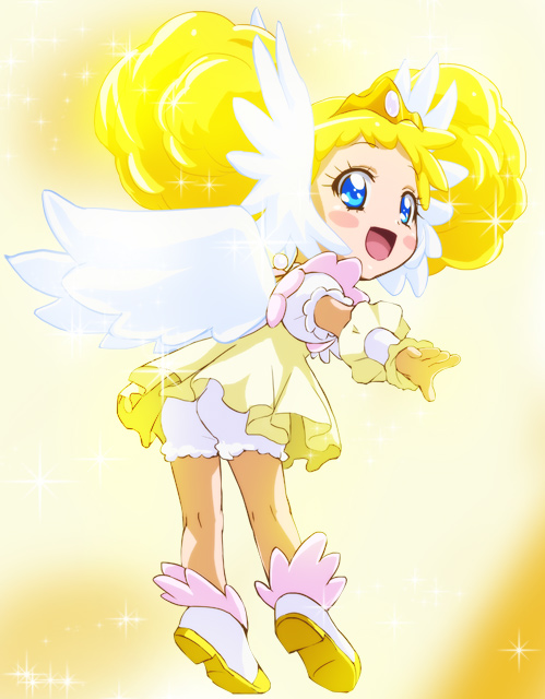 blonde_hair blue_eyes blush_stickers candy_(smile_precure!) double_bun haruyama_kazunori head_wings looking_at_viewer looking_back magical_girl open_mouth personification precure royal_candy smile_precure! solo tiara white_bloomers wings